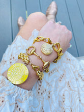Load image into Gallery viewer, X~Large Repurposed Louis Vuitton Trunks &amp; Bags Yellow &amp; Gold Reversible Charm Bracelet