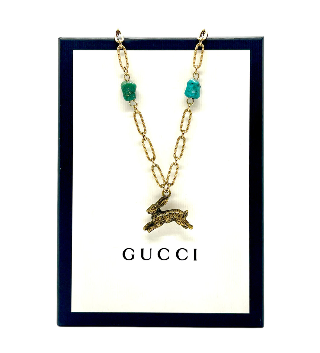 Repurposed Gucci Bunny Charm & Vintage Turquesa Chain Necklace