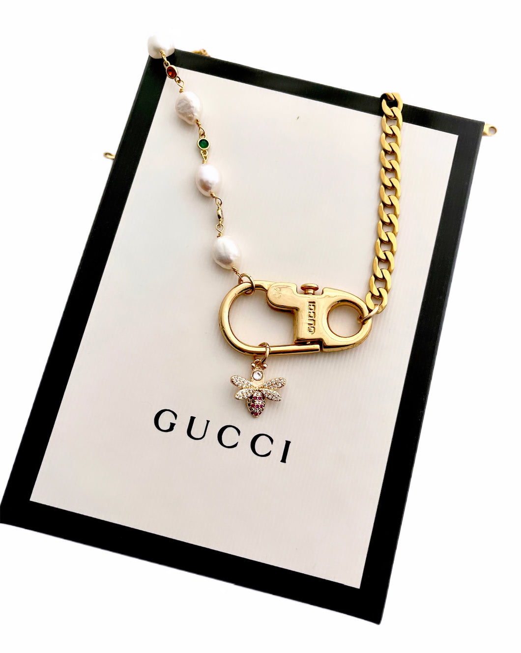 Repurposed Gucci Keychain clasp & Freshwater Pearls Necklace