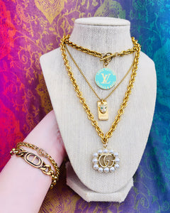 Repurposed Vintage Gucci Tag & Crystal Feline Charm Necklace