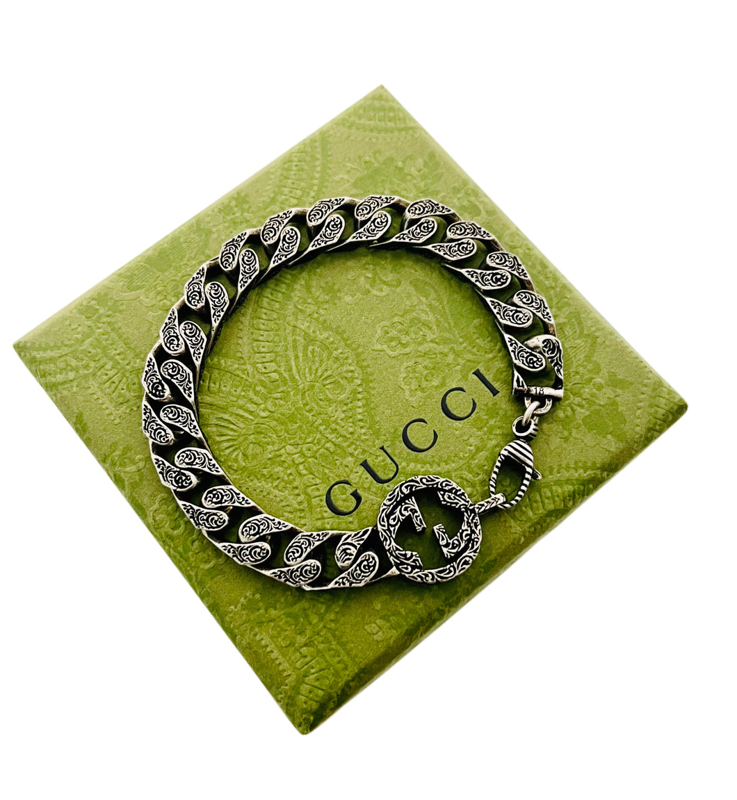 .925 Sterling Silver Interlocking GG Gucci Carved  Bracelet