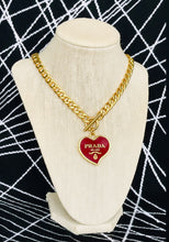 Load image into Gallery viewer, X~Large Repurposed  Burgundy &amp; Gold Prada Heart Charm Necklace