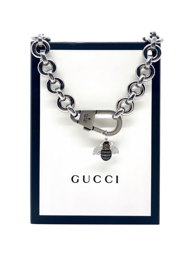 Repurposed Silver Tone Gucci Keychain Clasp & Removable Bee/Heart Charm Necklace