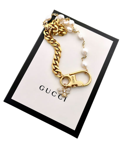 Repurposed 1990’s Gucci Keychain Clasp Pearl & Bee Necklace