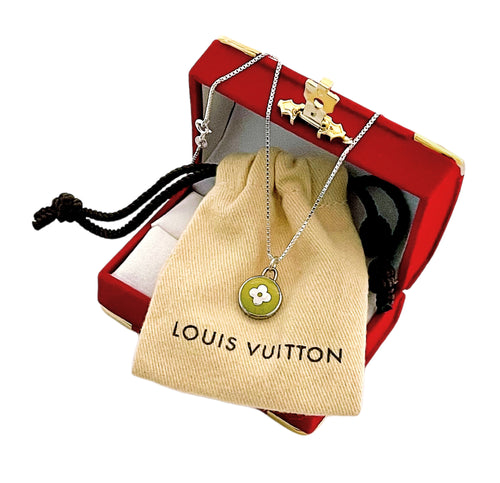 Repurposed Silver & Green Louis Vuitton Signature Flower Necklace
