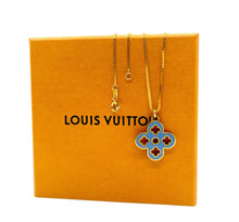 Load image into Gallery viewer, Repurposed Tangerine &amp; Ocean Blue Medium Louis Vuitton Flower Cut-Out Reversible Necklace
