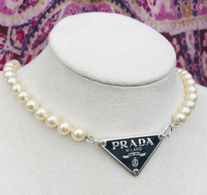 Silver & Black Prada Repurposed  Fresh Water Pearls Necklace