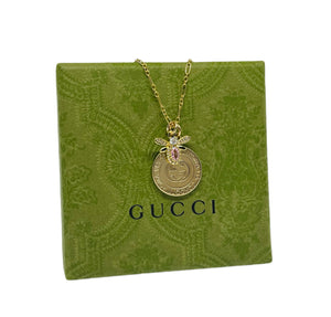 Repurposed Interlocking GG Gucci Coin & Removable Crystal Bee Charm Necklace