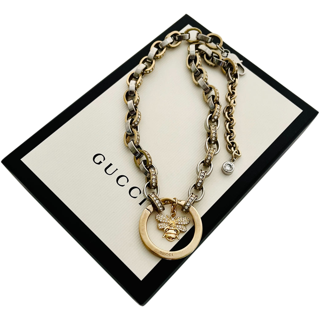 Repurposed Gucci Keyring & Floating Bee Charm Necklace