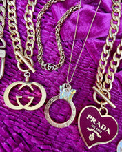 Load image into Gallery viewer, X~Large Repurposed  Burgundy &amp; Gold Prada Heart Charm Necklace