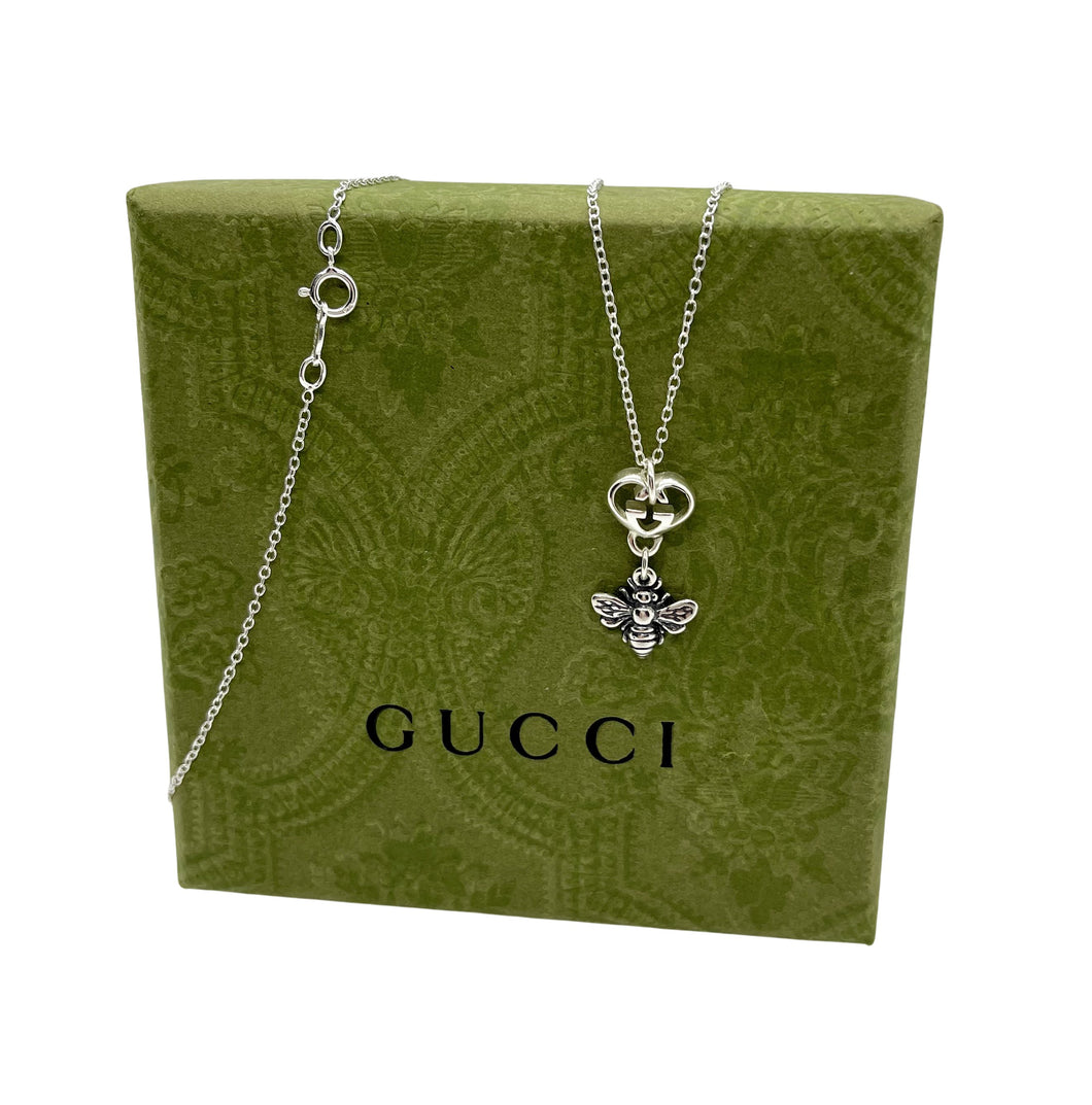 Repurposed Interlocking GG Gucci Heart Charm & Bee Necklace
