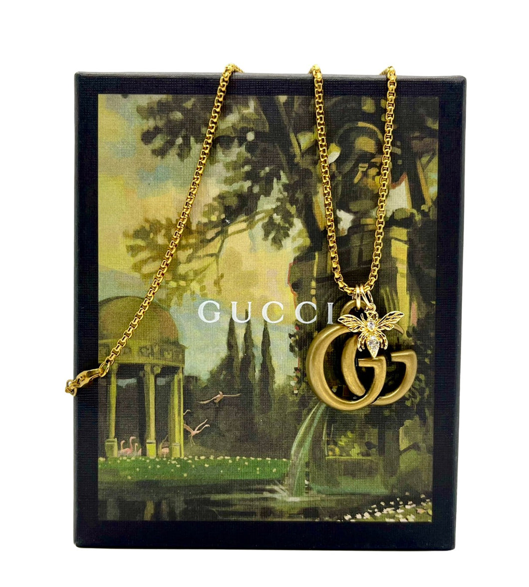 Repurposed Gold Medium Interlocking GG & Bee Charm Gucci Necklace