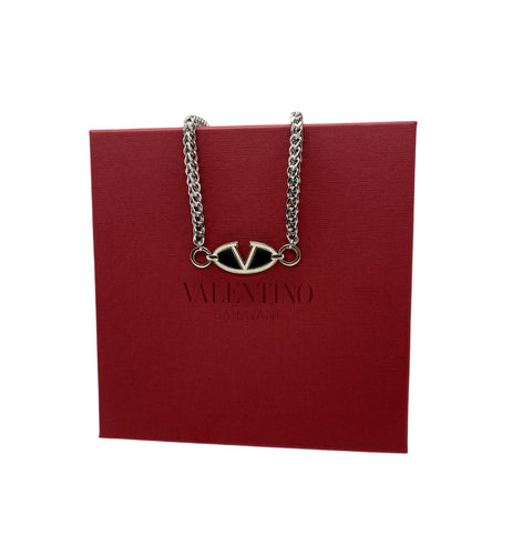 Repurposed Valentino Black & White Enameled V Logo Necklace