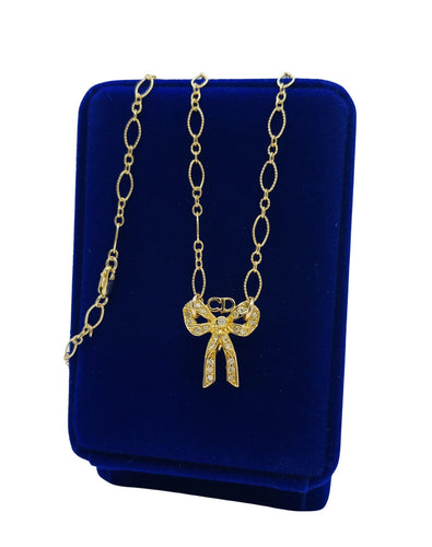 Repurposed Christian Dior Crystal Bow CD Charm Necklace