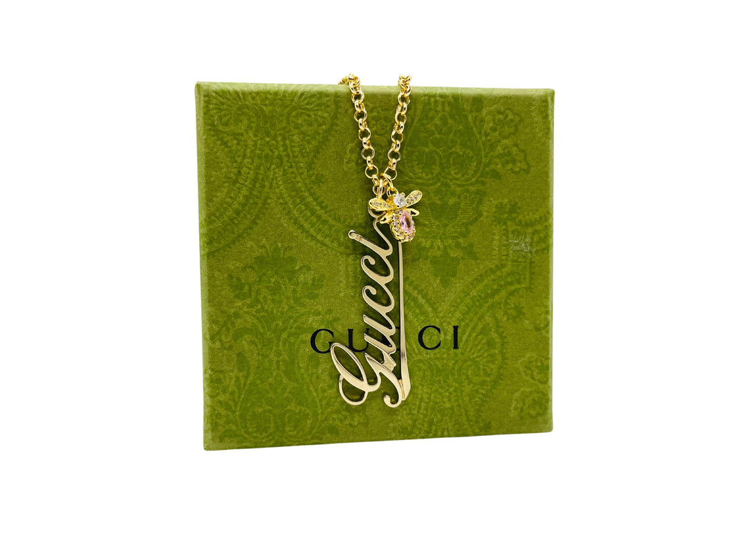 Repurposed Gucci Cursive Charm & Removable Crystal Bee Necklace