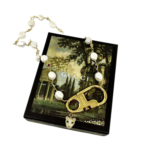 Repurposed 1990’s Gucci Keychain Clasp Pearl & Feline Necklace